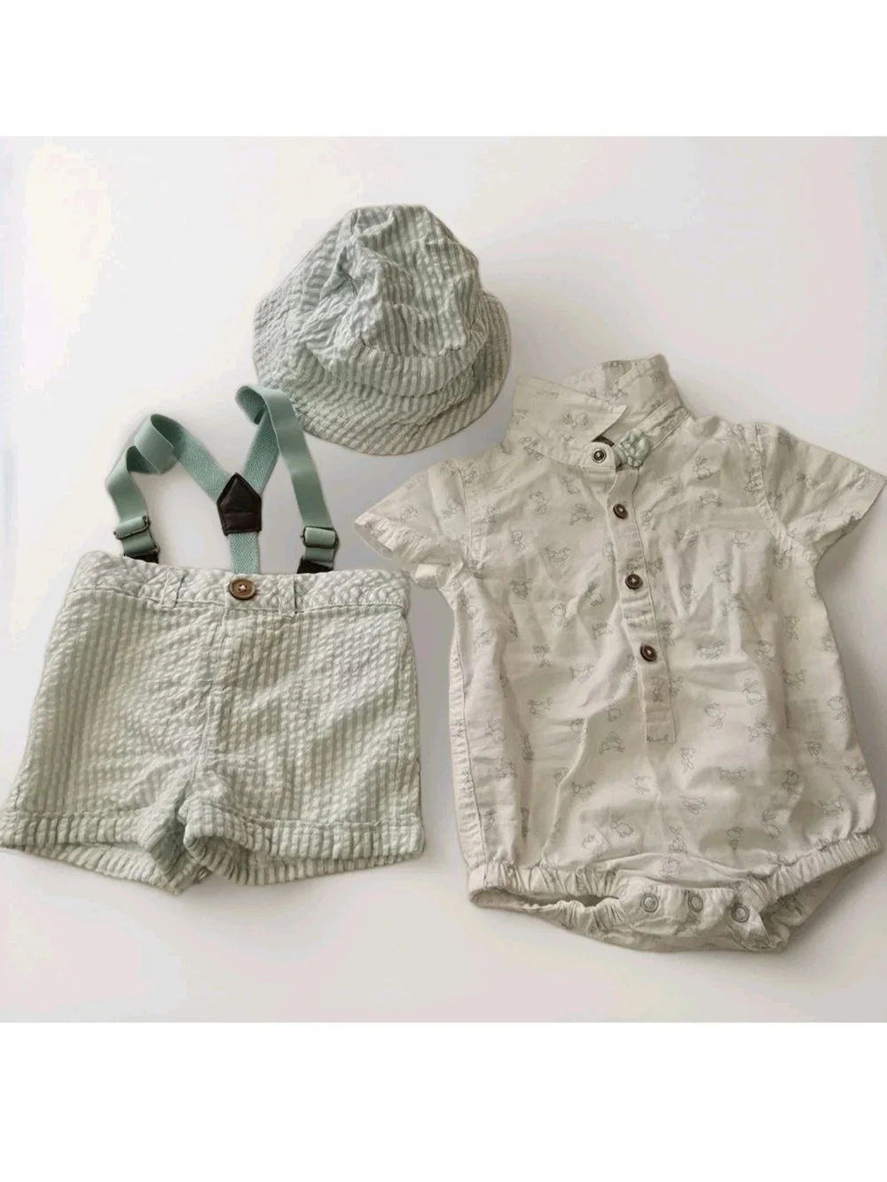 Tommy Bahama Baby Mint Green Seersucker Shorts Set with Hat & Suspenders